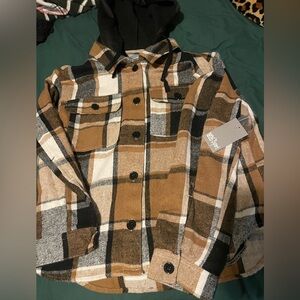 Brown and Black Plaid Button-Up Shirt w/ black hood